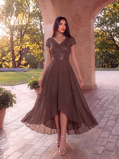 EVERPRETTY Women's Sequin Lace Chiffon V-Neck Patchwork High-Low Hem Split Evening Gown, Suitable For Wedding Guest, Semi-Formal Occasions, Mother Of The Bride