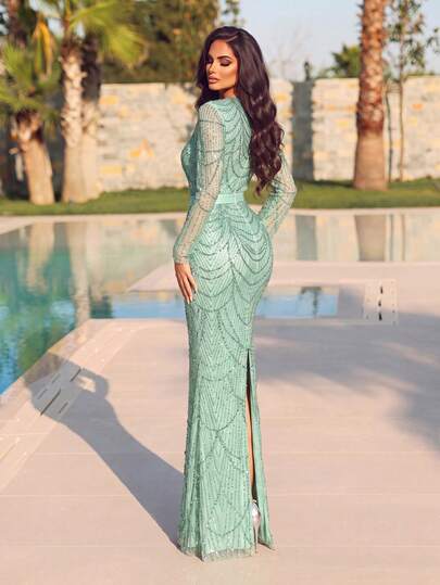 Elegant Round Neck Sequin Long Dress, Long Sheer Sleeves, Satin Waistband, Art Deco Beaded Pattern, Slim Fit, Suitable For Photography And Formal Evening Events - image 2