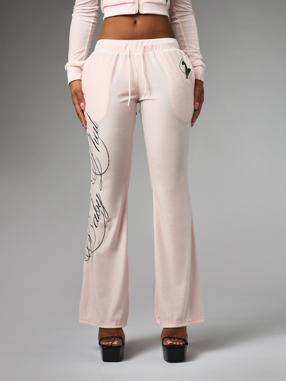 BABYPHAT Cursive Script Leg Print Velour Casual Pants With Drawstring Waist And Side Pockets Low Rise Bootcut Full Length