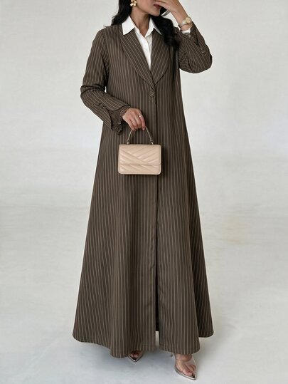 Yasmyna Women's Brown Woven Striped Long Sleeve Patchwork Dyed Lace Trim Button Closure Commute Elegant Casual Abaya