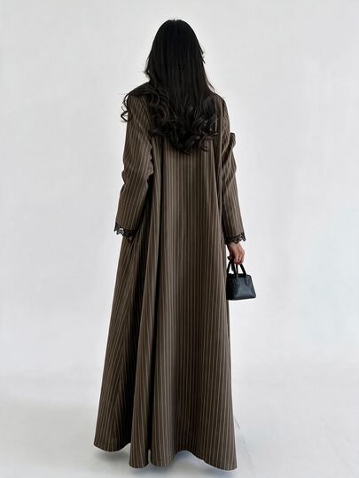 Yasmyna Women's Brown Woven Striped Long Sleeve Patchwork Dyed Lace Trim Button Closure Commute Elegant Casual Abaya - image 2