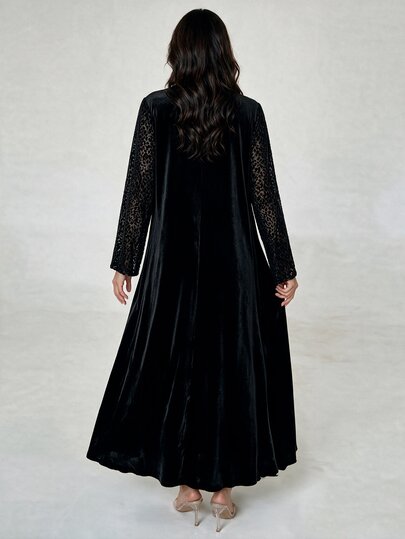 Yasmyna Women Black Leopard Jacquard Stand Collar Chinese Knot Frog Button Open Front Wide Sleeve Loose Abaya Coat Dubai Middle East Fall Formal Kaftan Robe - image 2