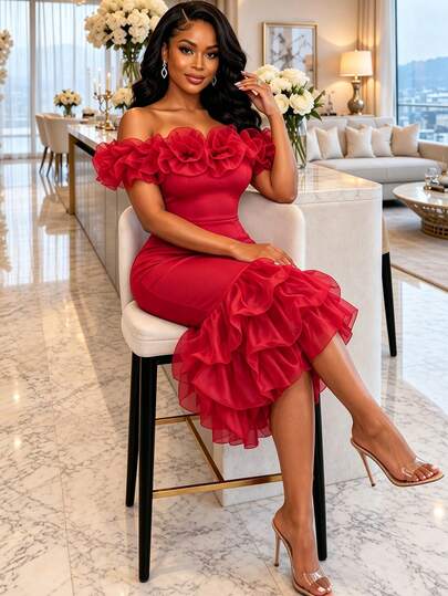 AOMEI Women's Cold Shoulder 3D Floral Ruffle Mermaid Mid-Length Fitted Evening Dress, Formal Wedding Guest Party Gown