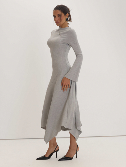MUSEYN Grey Jersey Asymmetric Pleated Maxi Dress Versatile Everyday Casual Fall - image 2