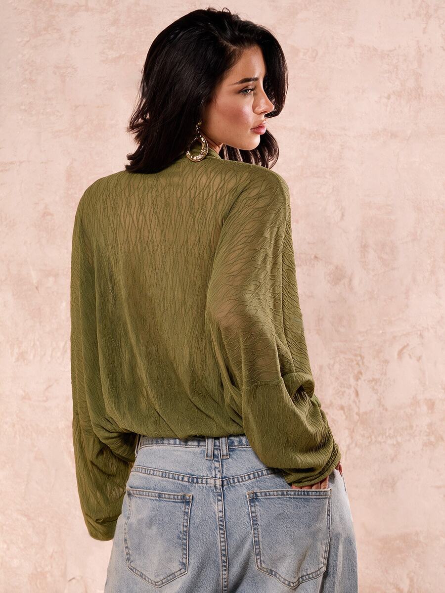 SHEIN Glamour Women's Shirt, Transparent Lace Fabric Casual Boho Blouse, V-Neck Long Sleeve Chiffon Drop Shoulder Olive Green Going Out Vacation Autumn - image 2