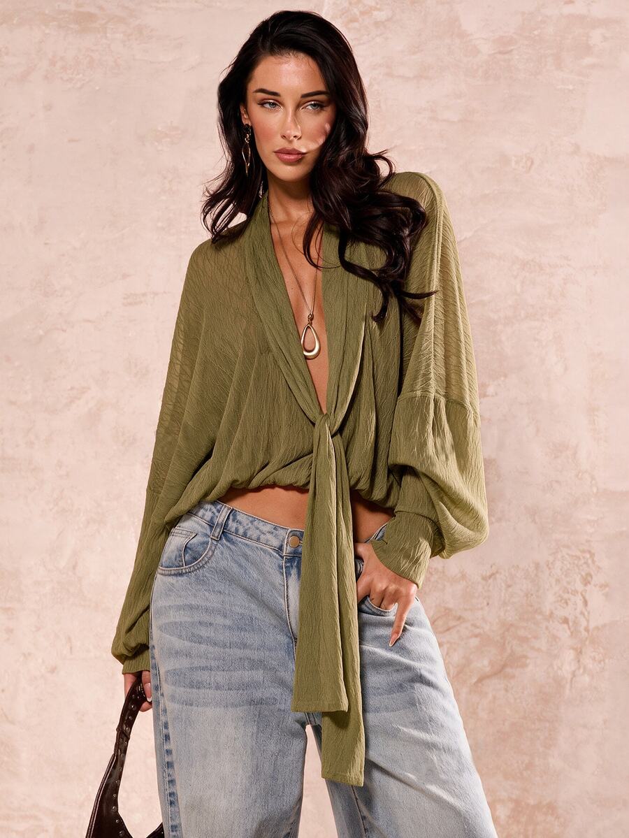 SHEIN Glamour Women's Shirt, Transparent Lace Fabric Casual Boho Blouse, V-Neck Long Sleeve Chiffon Drop Shoulder Olive Green Going Out Vacation Autumn