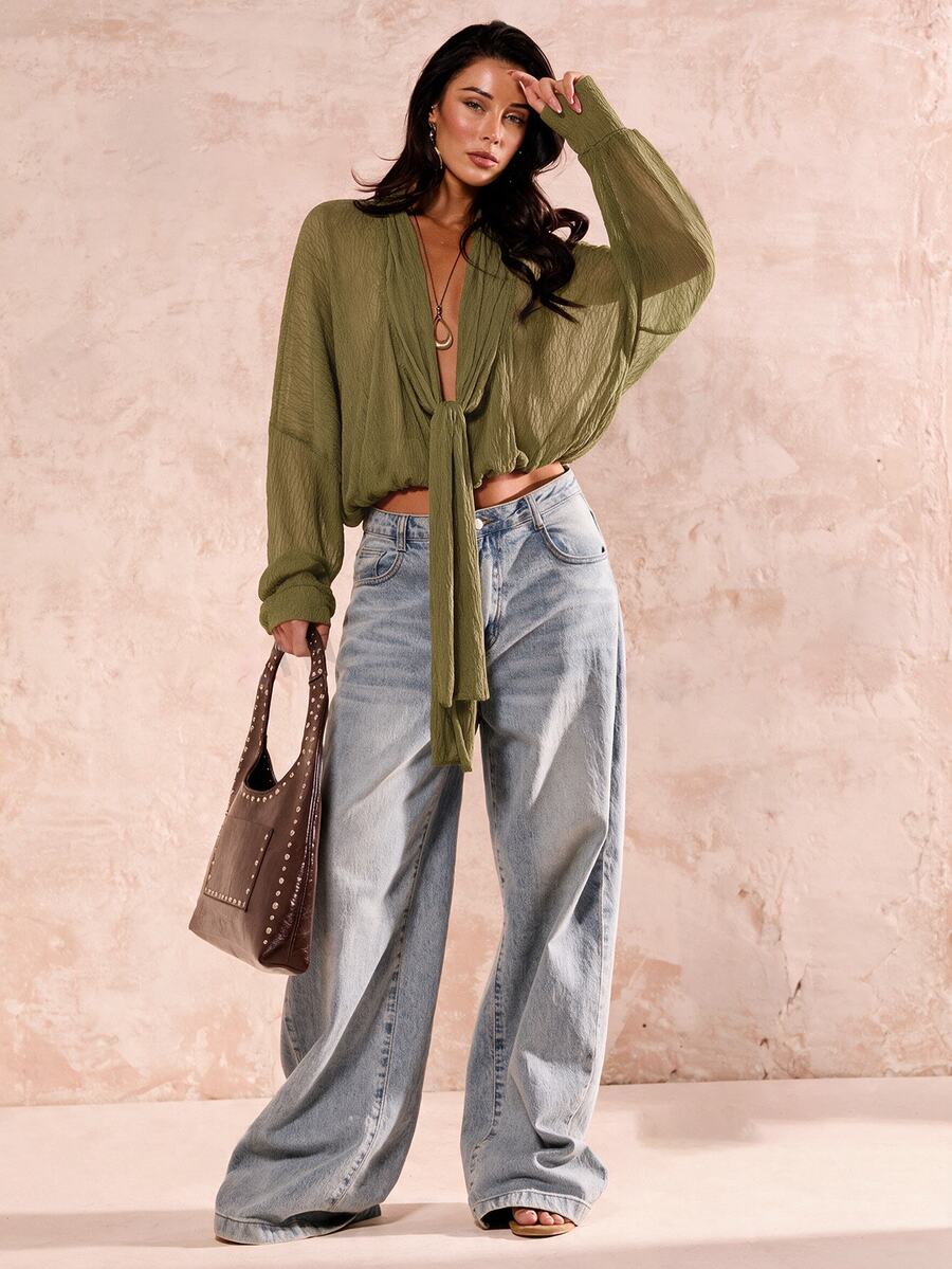 SHEIN Glamour Women's Shirt, Transparent Lace Fabric Casual Boho Blouse, V-Neck Long Sleeve Chiffon Drop Shoulder Olive Green Going Out Vacation Autumn - image 3