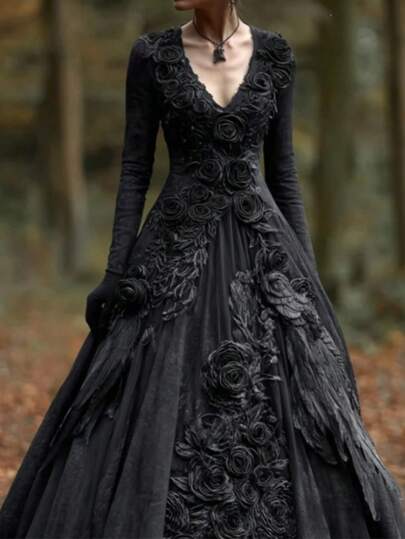 Women's Gothic Black Dress 3D Flower Detail Long Sleeve Maxi Dress Vintage Victorian Style Formal Evening Party Halloween Dress