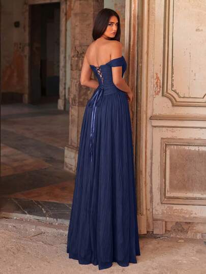 Charming Asymmetric Pleated Cold Shoulder Evening Gown, Ruched Bust Design, Suitable For Weddings, Balls, Banquets And Grand Events - image 2