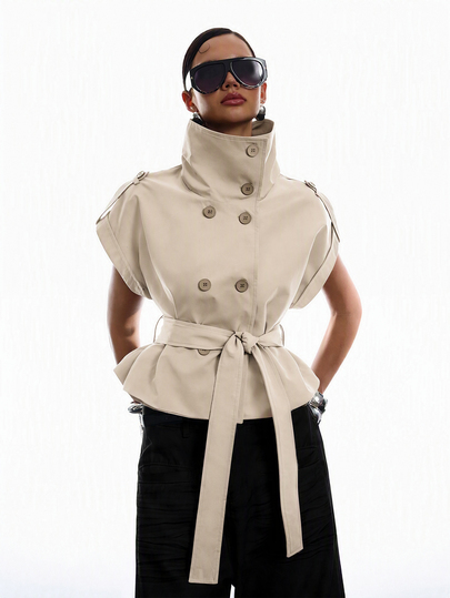 LYSMO Women's Stand Collar Cap Sleeve Button Decor Waist Tie Versatile Trench Coat Jacket