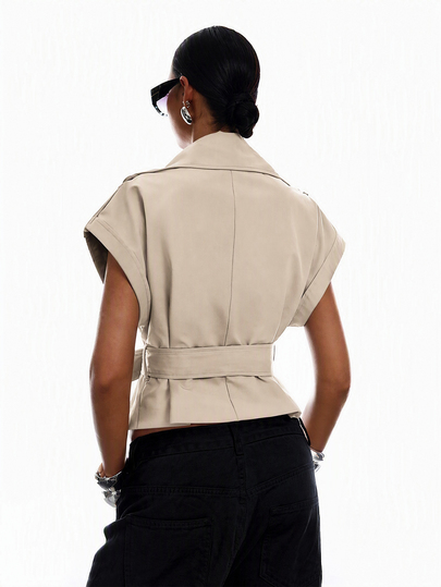 LYSMO Women's Stand Collar Cap Sleeve Button Decor Waist Tie Versatile Trench Coat Jacket - image 2
