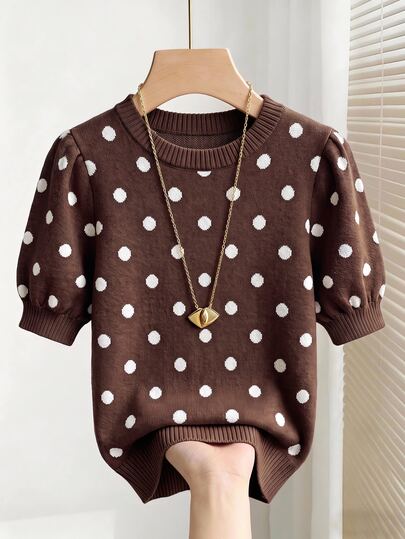 Muvela Women's Fashion Petal Sleeve Short Sleeve Polka Dot Sweater