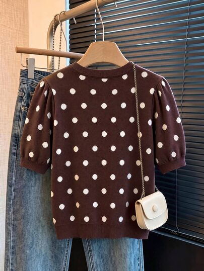 Muvela Women's Fashion Petal Sleeve Short Sleeve Polka Dot Sweater - image 2