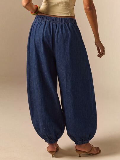 Athîral Denim Women's Casual Carrot Jeans, Loose Fit Paper Bag Waist Solid Color Denim Pants, Fashionable Creative Personalized - image 2