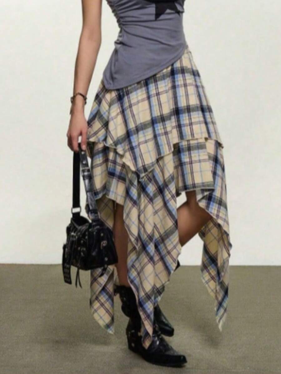 Boho Plaid Layered Midi Skirt For Women Casual Asymmetrical Hem Fabric Skirt With Slight Stretch, Perfect For An Everyday Relaxed Style