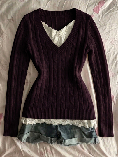 IslaSuriya Burgundy Vintage Sweet & Spicy V-Neck Slimming Knit Sweater Set For Daily Commute, Campus And Streetwear