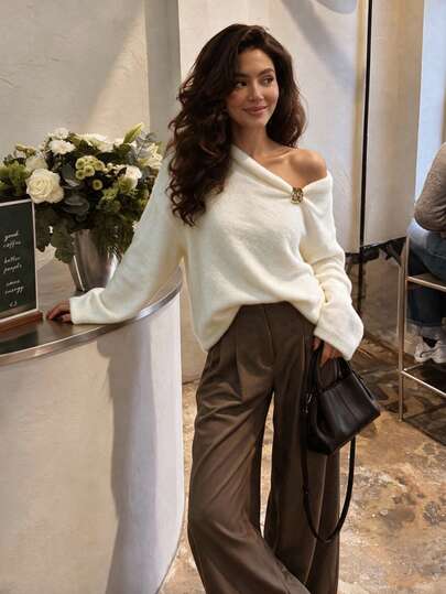 NOVELLE Women Elegant Off‑White One‑Shoulder Faux Mink Knit Sweater, Lazy‑Style Pullover Top For Autumn Winter, Date Party Daily Commute Street Wear