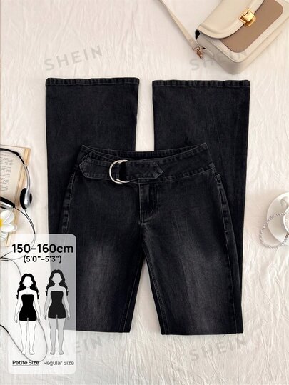 SHEIN PETITE Women's Casual Low Waist Fashion Washed Denim Flare Pants