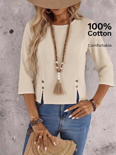 EMERY ROSE Women's Round Neck 3/4 Sleeve Button-Down Hem Design 100 Cotton Linen Casual Boho Shirt Vacation Beige Autumn