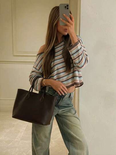 Women's New Autumn Colorblock Striped Asymmetrical Shoulder Knit Sweater, Casual, College, Commute