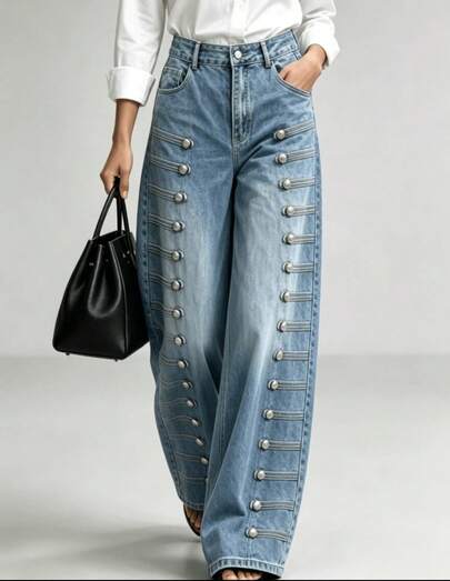 Women's High Waisted Wide Leg Jeans, Relaxed Fit Denim Pants With Military Style Button Details