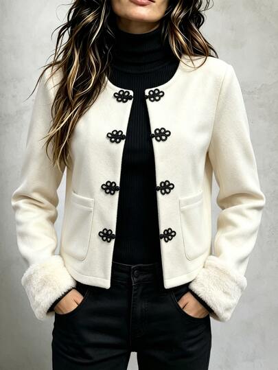 Yalmera 2026 New Chinese Style Contrast Color Fur Trim Wool Blend Jacket With Frog Button Design