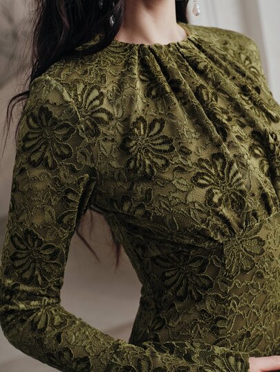 Anewsta French Elegant Elegant Party Afternoon Tea Flocked Floral Round Neck Long Sleeve Women's Long Dress