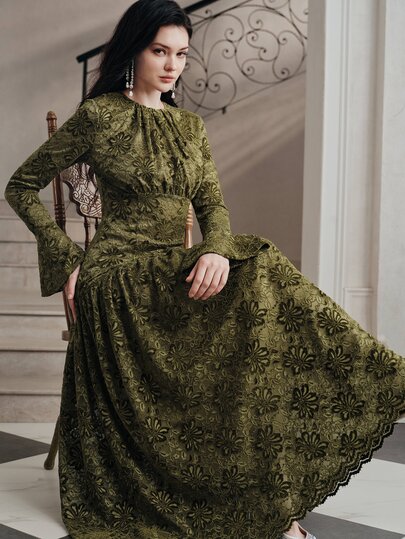 Anewsta French Elegant Elegant Party Afternoon Tea Flocked Floral Round Neck Long Sleeve Women's Long Dress - image 2