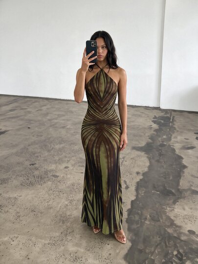 KIZN ILLUSION PRINT HALTER NECK MAXI DRESS
