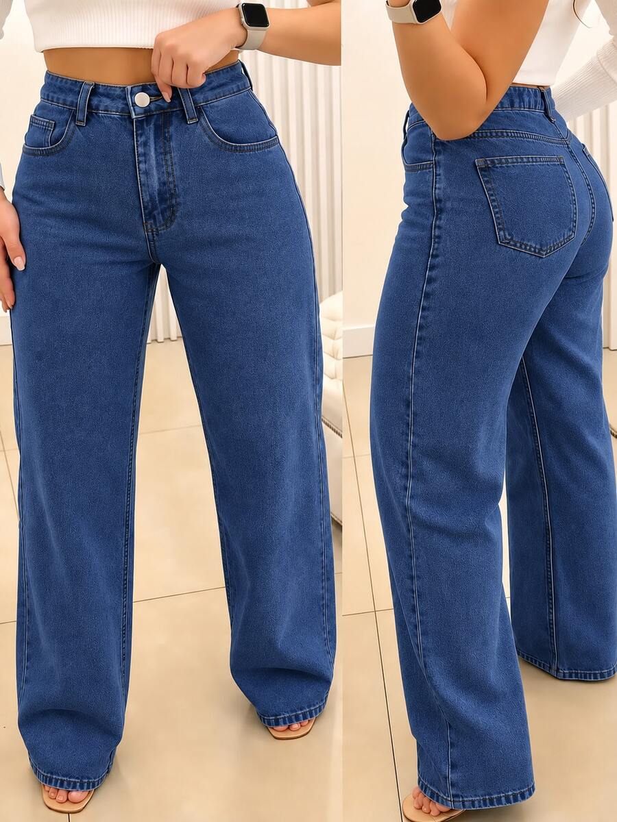 Women's Casual Straight Leg Denim Jeans With Pockets & Button Zipper Closure, Long Basic Style With Slight Stretch