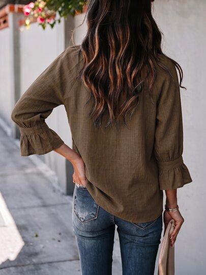 Breezaya Women's Solid Color Round Neck Bowknot Casual Loose Ruffle Cuff Fashion T-Shirt - image 2