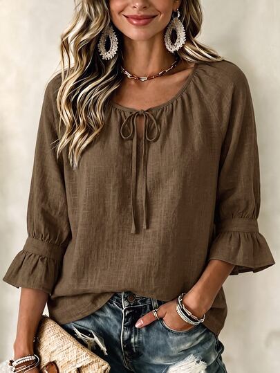 Breezaya Women's Solid Color Round Neck Bowknot Casual Loose Ruffle Cuff Fashion T-Shirt