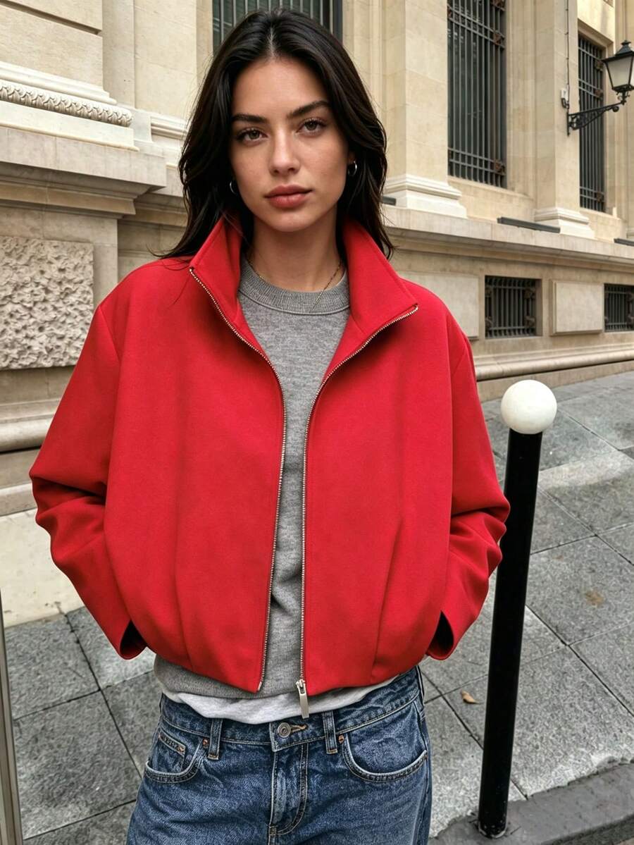 DEEKA Autumn New Women's European And American Style Minimalist Fashion Versatile Stand Collar Flight Jacket