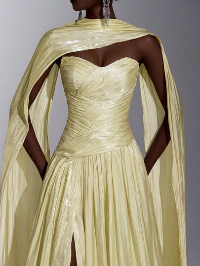 Elitara Elegant Romantic Fashion Sexy Dignified Yellow Organza Fabric Pleated Decor Cup Front Slit Oversized Skirt Elegant Party Dress Party Vacation Birthday Wedding Guest Dress Bachelorette Party Dress Formal Evening Gown - image 2