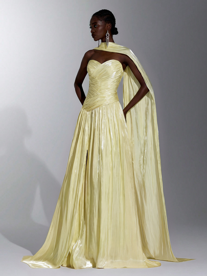 Elitara Elegant Romantic Fashion Sexy Dignified Yellow Organza Fabric Pleated Decor Cup Front Slit Oversized Skirt Elegant Party Dress Party Vacation Birthday Wedding Guest Dress Bachelorette Party Dress Formal Evening Gown