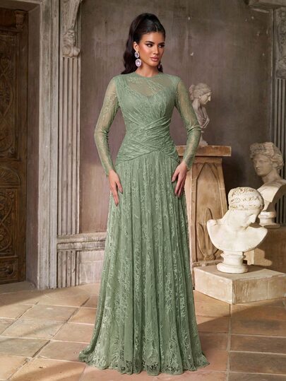 Aureia Elegant Romantic Fashion Dignified Lace Fabric Cup Pleated Decor Pleated Hem Extra Large Flare Elegant Party Dress Wedding Guest Dress Bachelorette Party Dress Formal Evening Gown