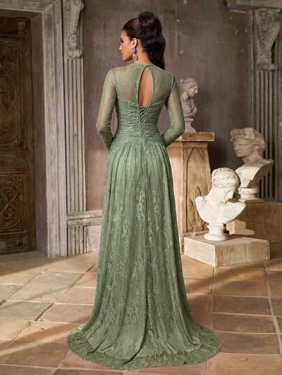 Aureia Elegant Romantic Fashion Dignified Lace Fabric Cup Pleated Decor Pleated Hem Extra Large Flare Elegant Party Dress Wedding Guest Dress Bachelorette Party Dress Formal Evening Gown - image 2