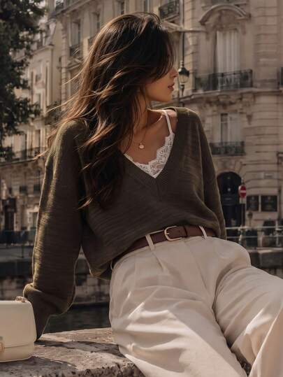 Women's Fall Y2K Brown Knit Sweater, Deep V Neck Drop Shoulder Loose Long Sleeve Casual Pullover For Daily Streetwear