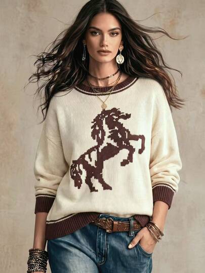 Autumn/Winter New Women's Fashion Loose Casual Vintage Contrast Color Horse Pattern Jacquard Halloween Date Sweater, Graphic Sweater, Animal Print Basic Tops, Going Out Tops, Fall Women Clothes, Y2K, Saudi National Day, Back To School, Country - image 2