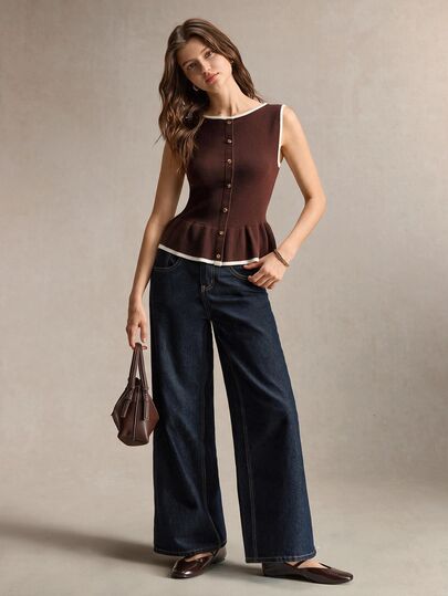 BizChic Apricot Women's Knitted Top With Contrast Trim Hem, Autumn, Halloween, Back To School, Church, Special Occasion, Elegant, French Vintage, Casual - image 2