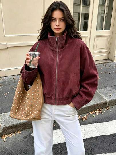 DEEKA Autumn/Winter New Women's European And American Style Fashion Minimalist Commuter Versatile Stand Collar Aviator Jacket Suede Texture Coat