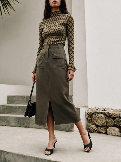 Nöista Misi Skirt Contrast Piping And Front Slit Opening