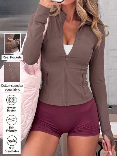 NOIRLYN Women's Fall Winter Sexy Fitted Stand Collar Zip‑Up Yoga Jacket Long Sleeve Athletic Gym Running Training Sports Jacket