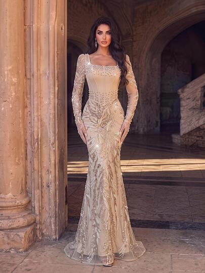 Aureia Elegant Romantic Fashionable Graceful Khaki Sequin Embroidered Fabric Elastic Fabric Patchwork Strapless Long Sleeve Sequins Decoration Cup Fish Tail Hem Elegant Party Dress Wedding Guest Dress Bachelorette Party Dress Formal Evening Gown - image 2