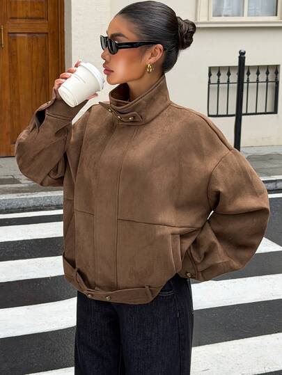 DAZY Solid Color Loose Suede Jacket With Stand Collar, Long Sleeve, Belt, Casual Street Style Spring Autumn Jacket For Women, Regular Fit