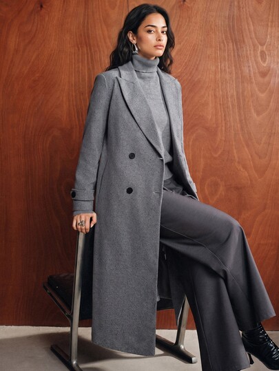 Anewsta Women's Fall/Winter Elegant Casual Wool Coat Long Lapel Double-Breasted Cinched Waist Tailored For Business Office Party Ceremony Going Out