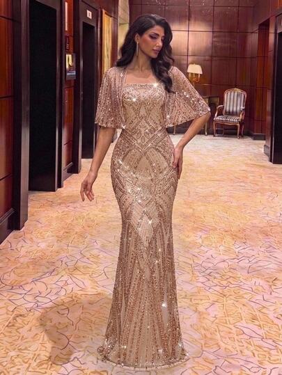 Serin Elegant Luxurious Apricot Beaded Sequin Embroidered Mesh Patchwork Mermaid Skirt With Small Shawl, Suitable For Wedding Events, Bachelorette Parties, Vacations, Balls, Holiday Evenings, Bridal Mother Dress - image 2