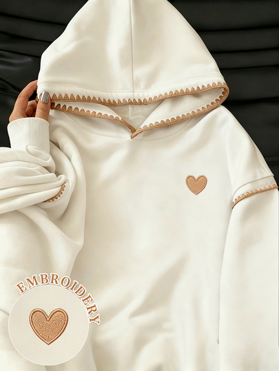 Resyla Women's White Heart Graphic Long Sleeve Hooded Sweatshirt, Cute Casual New Fall Looks Top, Home Lounge Wear, Gift For Friends
