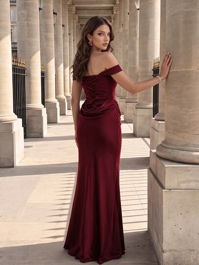 Poshira High-End Evening Gown With Elegant Elegant, Solid Color Off-Shoulder Mermaid Hemline Luxury Dress - image 2