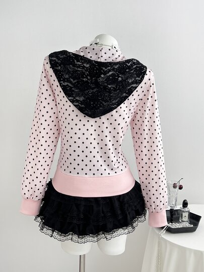Elamini Women's Autumn/Winter Pink Polka Dot Print Contrast Lace Patchwork Slim Fit Zip-Up Sweatshirt, Vintage Cute Elegant Preppy Style, Versatile For Outings, Dates, Commuting And Daily Wear - image 2